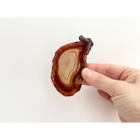 Brown Sliced Banded Agate Geode Crystal Freeform Large Silver T Vintage Pendant - Picture 11 of 12